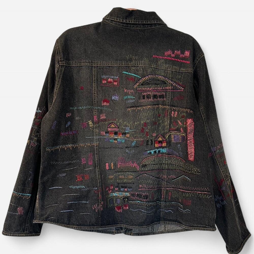 Chico’s Oversized Embroidered Black Denim Jean Jacket - Picture 8 of 12